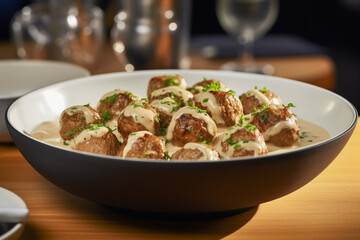 Serving dish of delicious Swedish meatballs