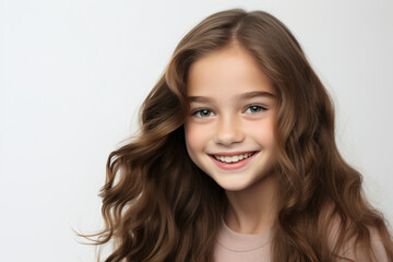  A close-up portrait of an adorable young girl smiling to reveal clean teeth. Designed for a dental advertisement. A teenager with sleek, long hair. Isolated on a white background.

Generative AI.