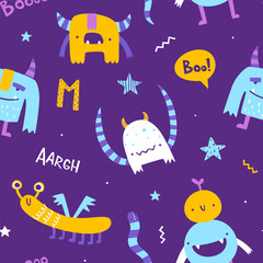  Cute pattern with funny monsters for baby. Abstract vector print with naive monsters for kids textile.