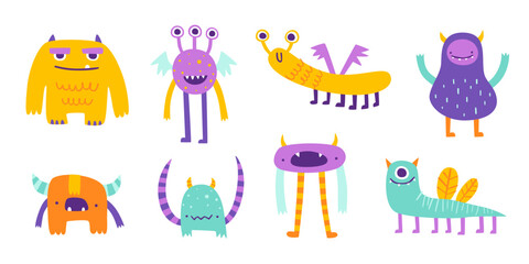 Wall Mural - set of cute doodle monsters. vector collection of friendly beasts for kids. bright cartoon monsters 