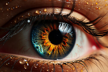 Beautiful female eye with colourful rainbow pupil. Closeup of a girl with contact lens and unusual pupil with iris color. healthy vision or eyesight with optometry treatment concept. Generative AI