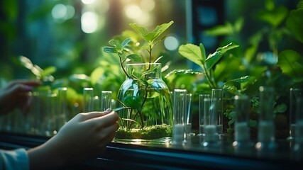 Lab assistant checking up seedling in glass flask with water