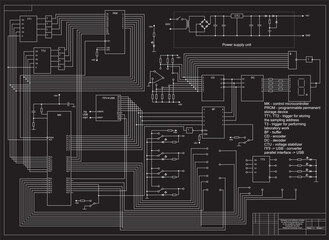 Electrical functional schematic diagram. Vector large drawing on black background of a complex electrical circuit of an electronic device. Graduation project. Scheme 2.