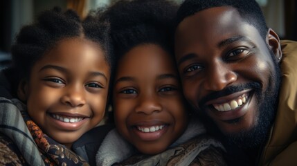 picture of a happy young African American family with little children sitting lounging on the sofa, cuddling lying down,