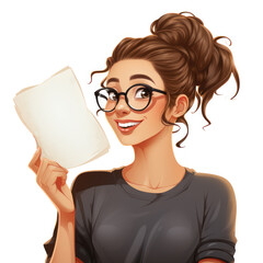 Canvas Print - drawing of a cheerful girl student in glasses with a piece of paper