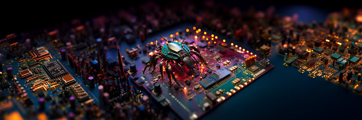 Software bug beta testing concept, digital insect on circuit board