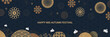 Banner design with traditional chinese full moon circles, jumping hares under the moon. Gold on a dark background. Translation from Chinese - Mid-Autumn Festival.