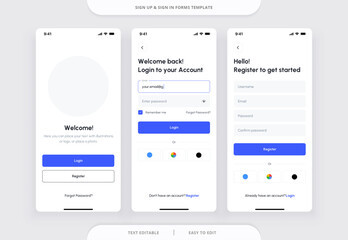 Wall Mural - login and register app ui kit. sign up and sign in forms. forms page for mobile app. vector template
