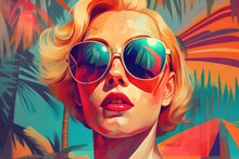 Bright Blonde Girl In Trendy Sunglasses On Background Of Palm Trees Collage Pin Up Girl Travel Illustration For Poster, Postcard, Social Media Banner Generative AI