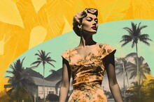 Woman In Dress Retro Style Of 50s, 60s On Background Palms Mountains Art Deco Collage Travel Illustration For Magazine Poster, Postcard, Social Media Banner Generative AI