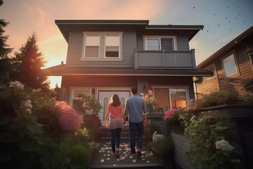 Wall Mural - New Beginnings: Joyful Family Approaches Their Dream Home's Front Door