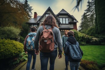 Wall Mural - New Beginnings: Joyful Family Approaches Their Dream Home's Front Door