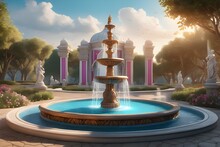A Fountain With Spouting Water Installed In A Luxurious Garden