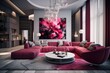 2024s trendy color in luxury lounge: Magenta, red, and gray accents in modern interior design.