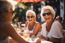 outdoor cafe on a sunny summer evening Retirement woman having fun outdoors Retirement hobbies and leisure activities for the elderly