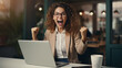© Nico Vincentini - Ecstatic woman sits at a desk, overwhelmed with joy, celebrating her online lottery victory. Elated, she receives an email on her laptop, rejoicing over the positive news of her job promotion. Gen. AI