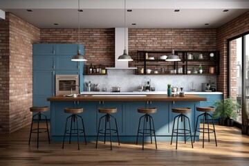 Canvas Print - Rendered 3D interior of modern kitchen with white and brick walls, wooden floor, blue counters and cabinets, and bar with stools.