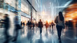 © Nico Vincentini - Background with a blur of a contemporary shopping mall featuring a few consumers. Shoppers strolling through the mall, evident motion blur. Abstractly blurred shoppers carrying shopping bag. Gen. AI