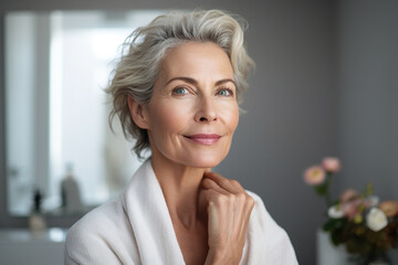 Wall Mural - Headshot of gorgeous mid age adult 50 years old blonde woman standing in bathroom after shower touching face, looking at reflection in mirror doing morning beauty routine. Older skin care concept.