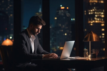 Young busy Latin business man executive working on laptop at night in dark corporate office. Professional businessman manager using computer sitting at table, big city evening view