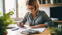 A Female Accountant Carefully Performs Financial Calculations On A Calculator On Her Home Office Desk