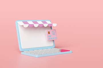 Wall Mural - online shopping with laptop computer monitor, store front, credit card isolated on pink background. online shopping concept, 3d illustration render