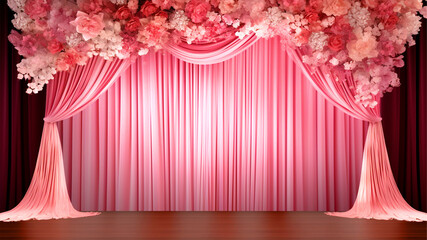 Empty Stage with pink curtains and flower arrangements - ai generative