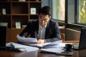 serious busy young asian professional business man sitting at desk in office