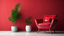 Minimalist Living Room Interior With Potted Plants And Red Armchairs