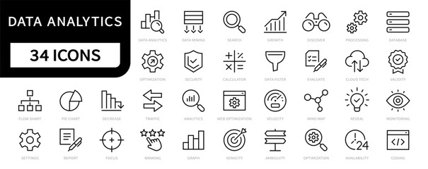 Data Analytics line icon set. Data Analysis icons collection. Data analytics, Processing, Database, Optimization, Mining, Statistic, Monitoring, Analysis, Computing icon vector