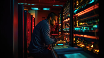 Canvas Print - An IT technician is setting up a complex supercomputer system using a digital tablet beside a server cabinet