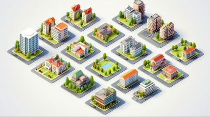 Wall Mural - Three-Dimensional Isometric Set of Blocks Module of Different Areas for Building and Architecture Business in City Center: Generative AI