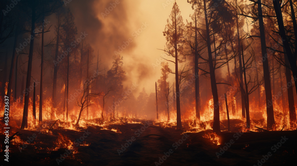 Forest fire, vast expanses of pine trees are consumed during the dry ...