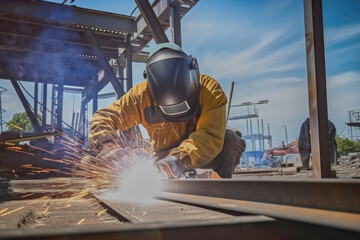 An experienced veteran welder welding metal pieces on a metal structure at a construction site.