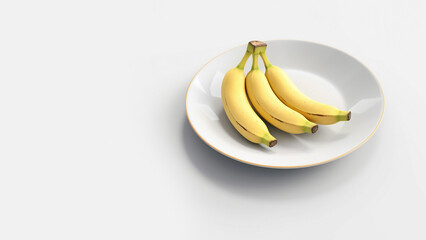 Canvas Print - three bananas on a plate, top view, white background with empty space to insert. Generative Ai.