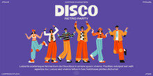 Happy People Retro 90s Party Characters. Disco Groovy Style, Dancing People On The Dance Floor. Vintage Illustration, Music Player, Vinyl Records	