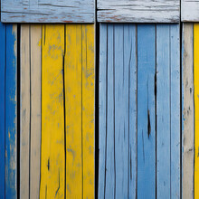 Blue And Yellow Peeling Paint On An Old Wooden Barn Wall Generative AI
