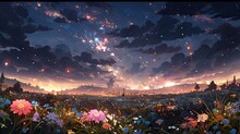 Generative AI, The Sight Of A Meteor Shower On A Beautiful Night With A Dark Sky Dotted With Soft Light Emanating From Stars That Sparkle Like Diamonds, Beautiful Meteor Shower, Cool Anime Landscape