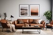  modern living room with brown sofa, table, and decor.