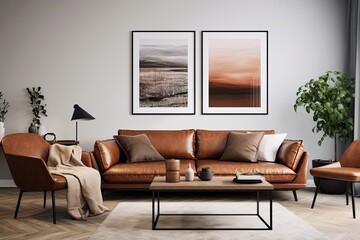 Wall Mural -  modern living room with brown sofa, table, and decor.