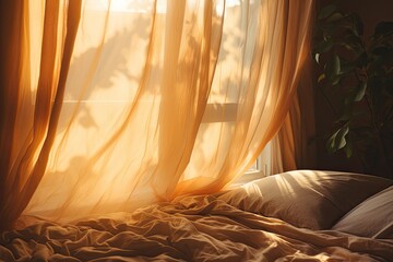 Morning light filters through a bedroom window, illuminating a soft brown curtain creating a header sized image.