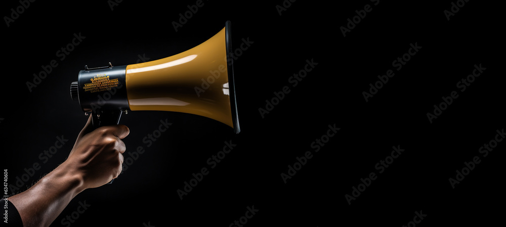 Generative AI, golden megaphone in hand on a empty black background ...