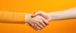 © HN Works - Caucasian woman with handshake gesture on orange background representing greetings and beginnings for National Handshake Day