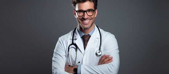 Wall Mural - Male dentist with white coat glasses and stethoscope looks at camera with open hands on gray background