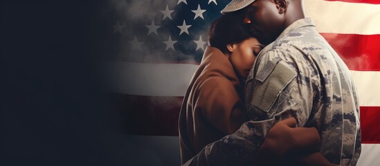 Composite photo of African American soldier s midsection with wife celebrating Veterans Day expressing gratitude for service Conceptualized with love home