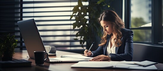 Sticker - A modern office desk with a businesswoman writing business papers