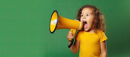 A girl with a green T shirt is using a megaphone on a yellow background