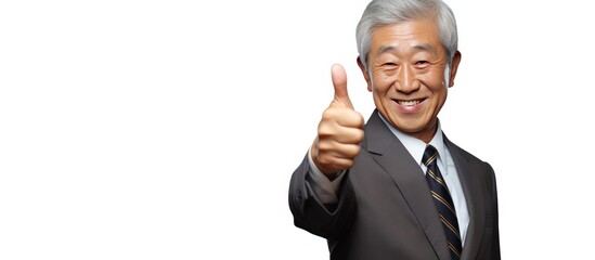 Elderly Asian businessman pleased and healthy showing an empty space for promotion on a white background