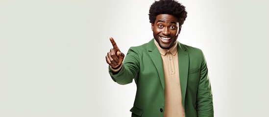 Poster - Happy black man points at blank area white background