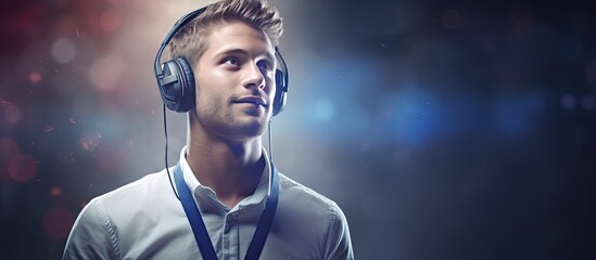 Poster - White male using headset for 24 7 text support and communication campaign we re here for you not alone